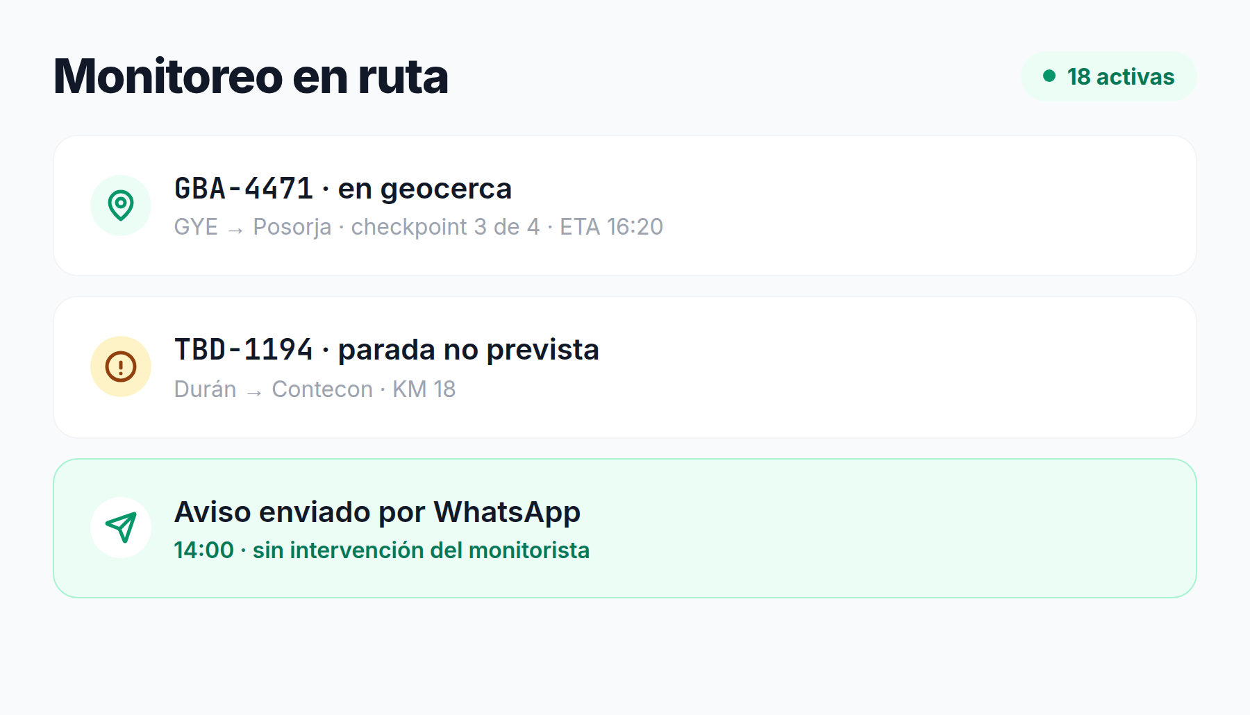 Monitoreo en ruta: un camión dentro de su geocerca rumbo a Posorja, una parada no prevista detectada y un aviso enviado por WhatsApp sin intervención del monitorista
