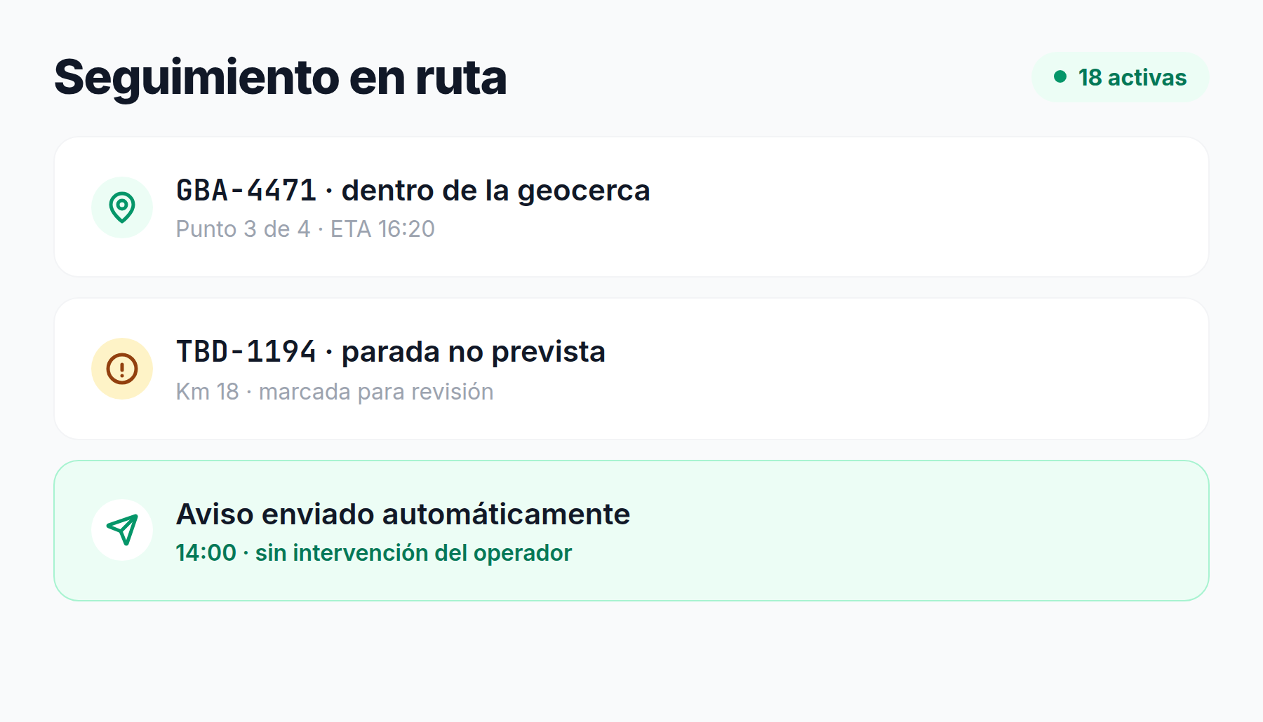 Seguimiento en ruta: un camión dentro de su geocerca, una parada no prevista marcada para revisión y un aviso enviado automáticamente